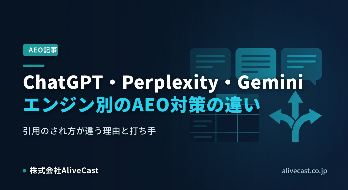 ChatGPT・Perplexity・Geminiで対策はどう違う？エンジン別AEOを表すイメージ画像